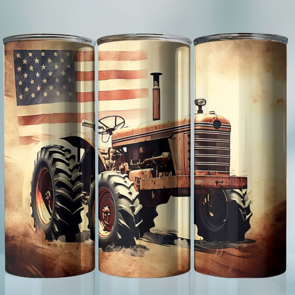 Patriotic American Flag Vintage Tractor 20oz Tumbler with lid + straw